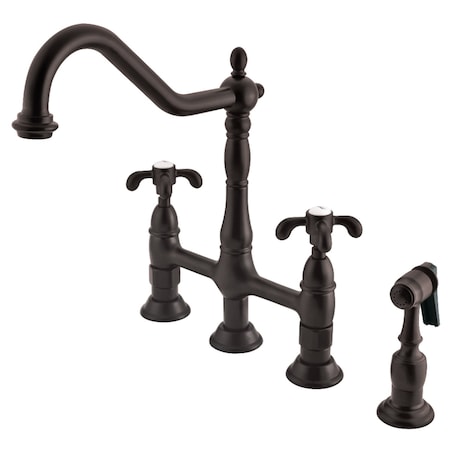 Kingston Brass KS1275TXBS French Country Bridge Kitchen Faucet W/ Brass Sprayer, Brnz KS1275TXBS